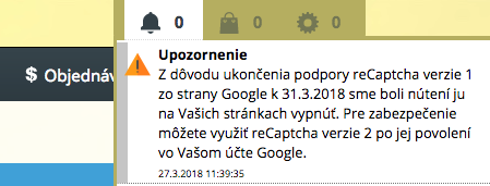 notifikačné centrum a informácia o nutnosti aktivácie ochrany formulárov captcha
